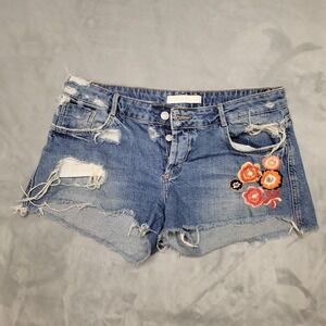 Zara Shorts Women 4 Blue Distressed Floral Embroidered CutOff Boho Festival Mini